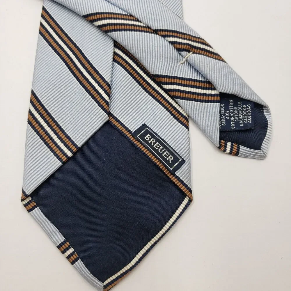 Breuer Silk Blend Tie Made In France Light Blue Brown Striped Cotton Necktie Lux